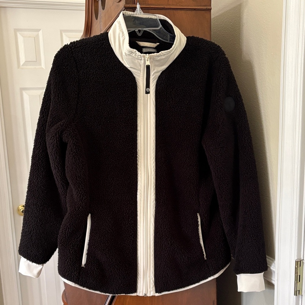 *Talbots Black Teddy Sherpa Zippered Jacket White Poly Trim Sporty Athleisure